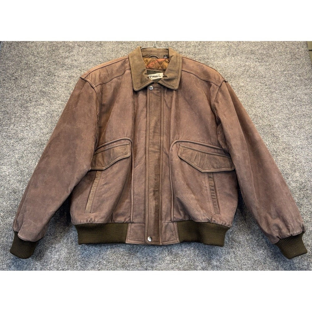 Vintage Men's Large Brown Genuine Leather Bomber Jacket Paisley Lined Vinggio
